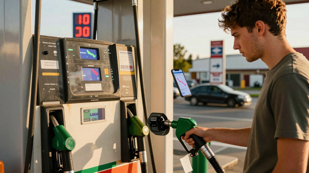 Homem abastecendo carro em posto de gasolina enquanto consulta gráfico no celular.