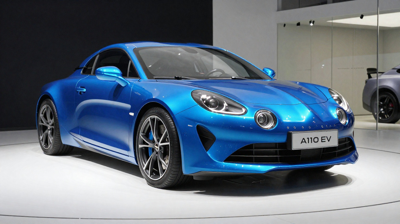 Carro esportivo elétrico azul Alpine A110 EV exibido em exposição com fundo preto e branco.