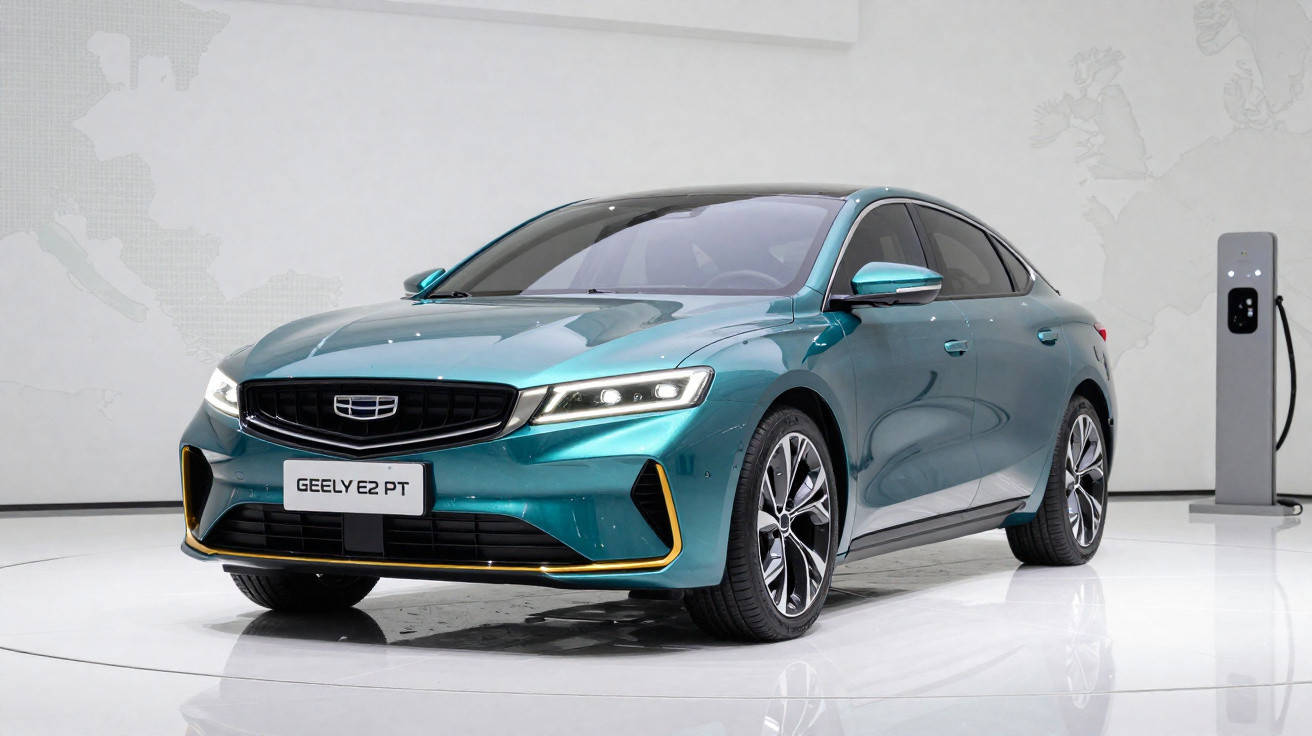 Carro elétrico Geely E2 PT azul em exposição, com estação de carregamento ao fundo.