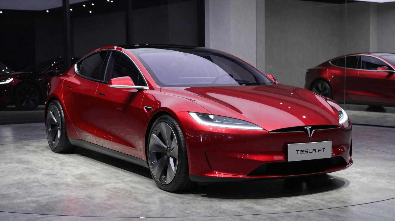 Carro elétrico Tesla Model S na cor vermelha exposto em ambiente fechado com piso cinza.