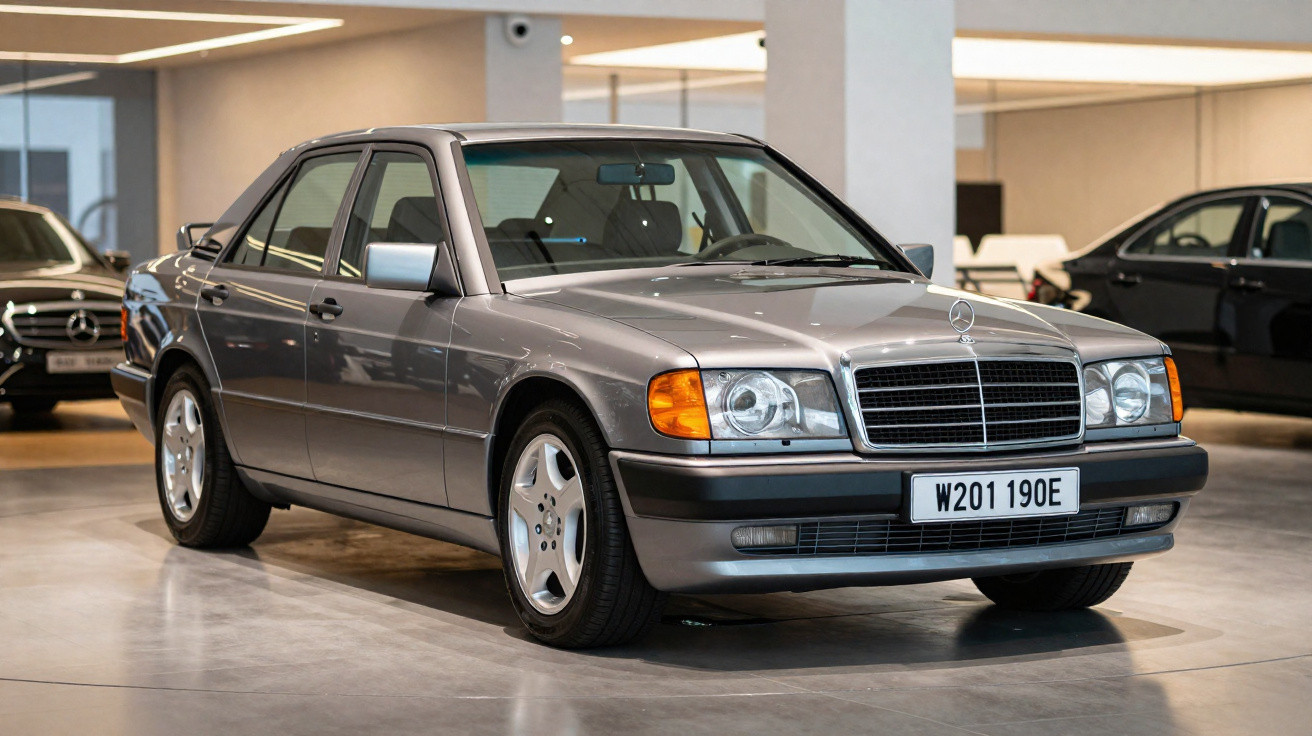 Carro sedan Mercedes-Benz prata estacionado em showroom interno com detalhes cromados e rodas prata.