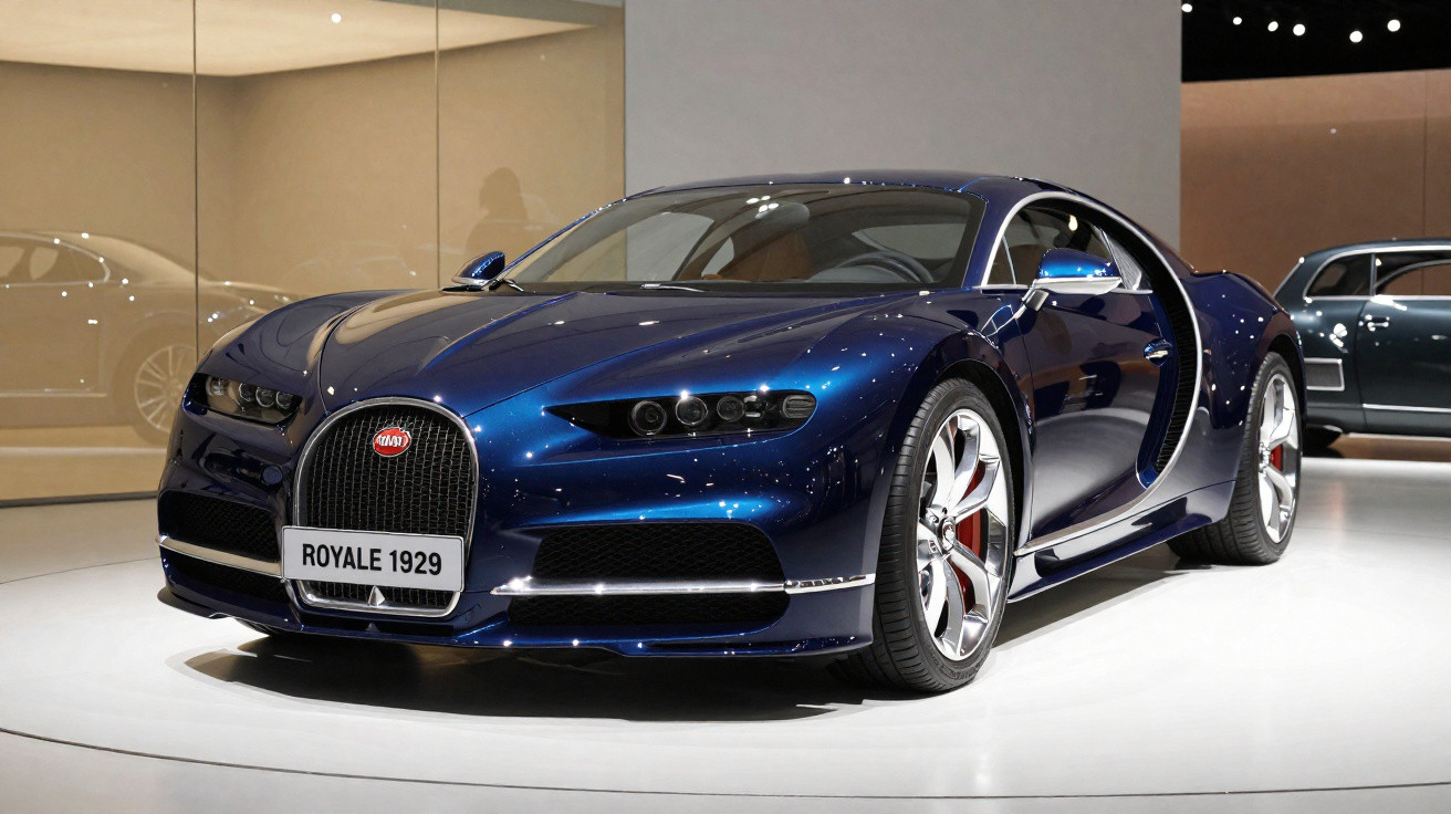 Carro esportivo Bugatti azul escuro modelo Royale 1929 exibido em salão de automóveis.