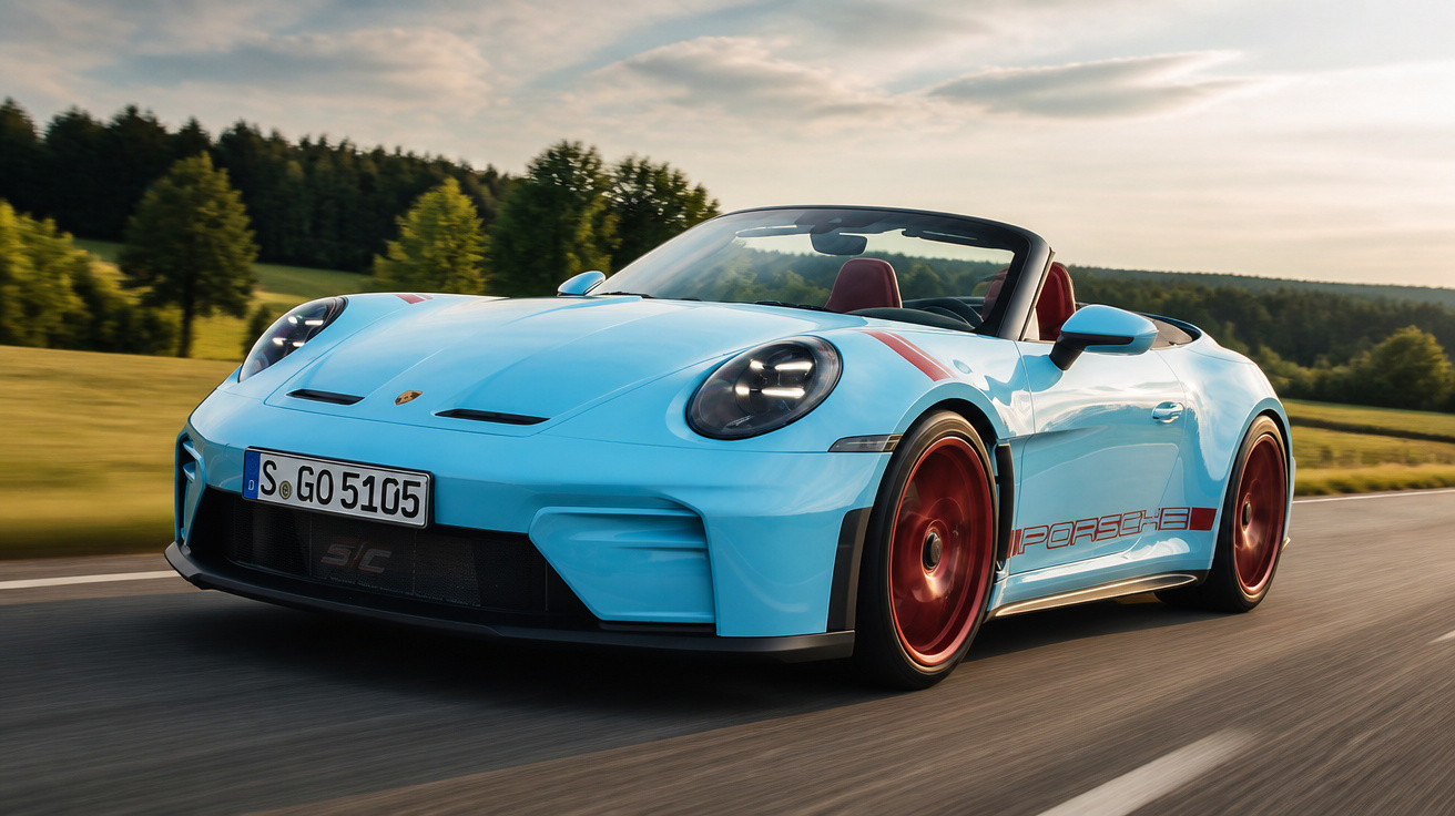 Carro esportivo conversível azul Porsche 911 em alta velocidade em estrada com árvores ao fundo.