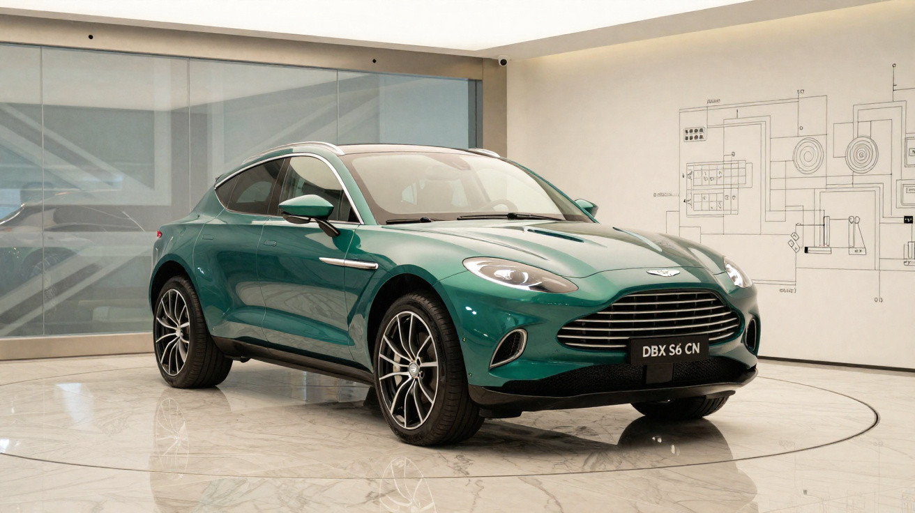 Carro SUV esportivo Aston Martin DBX verde em exposição em sala com piso de mármore e parede branca.