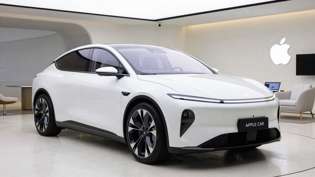 Carro elétrico branco moderno estilizado exposto em showroom com logo da Apple na parede ao fundo.