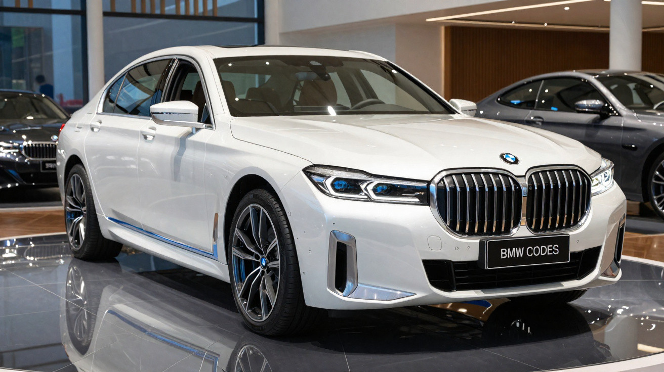 Carro BMW branco sedan exposto em showroom com destaque para grade frontal e faróis modernos.