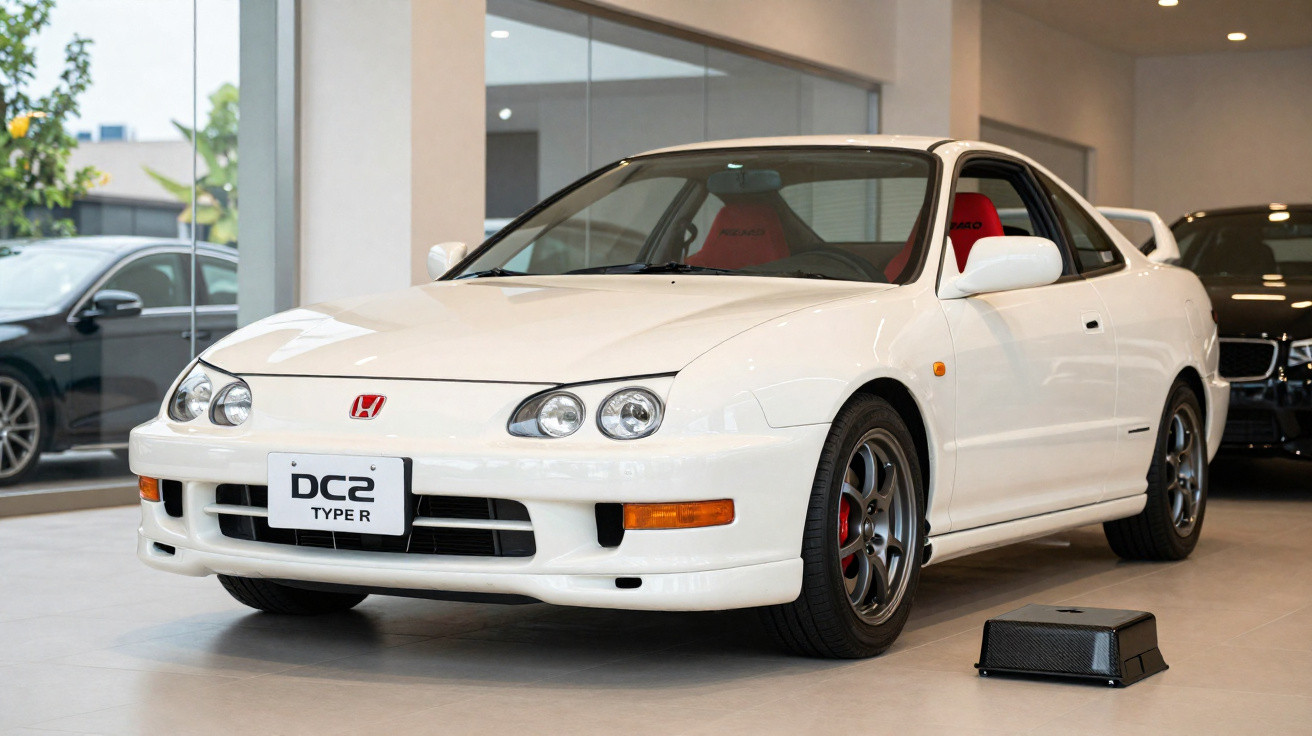 Carro esportivo branco Honda Type R antigo em exibição dentro de showroom moderno.