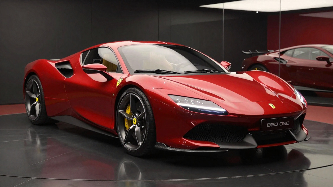 Carro esportivo Ferrari B20 One vermelho exibido em salão com piso preto brilhante.