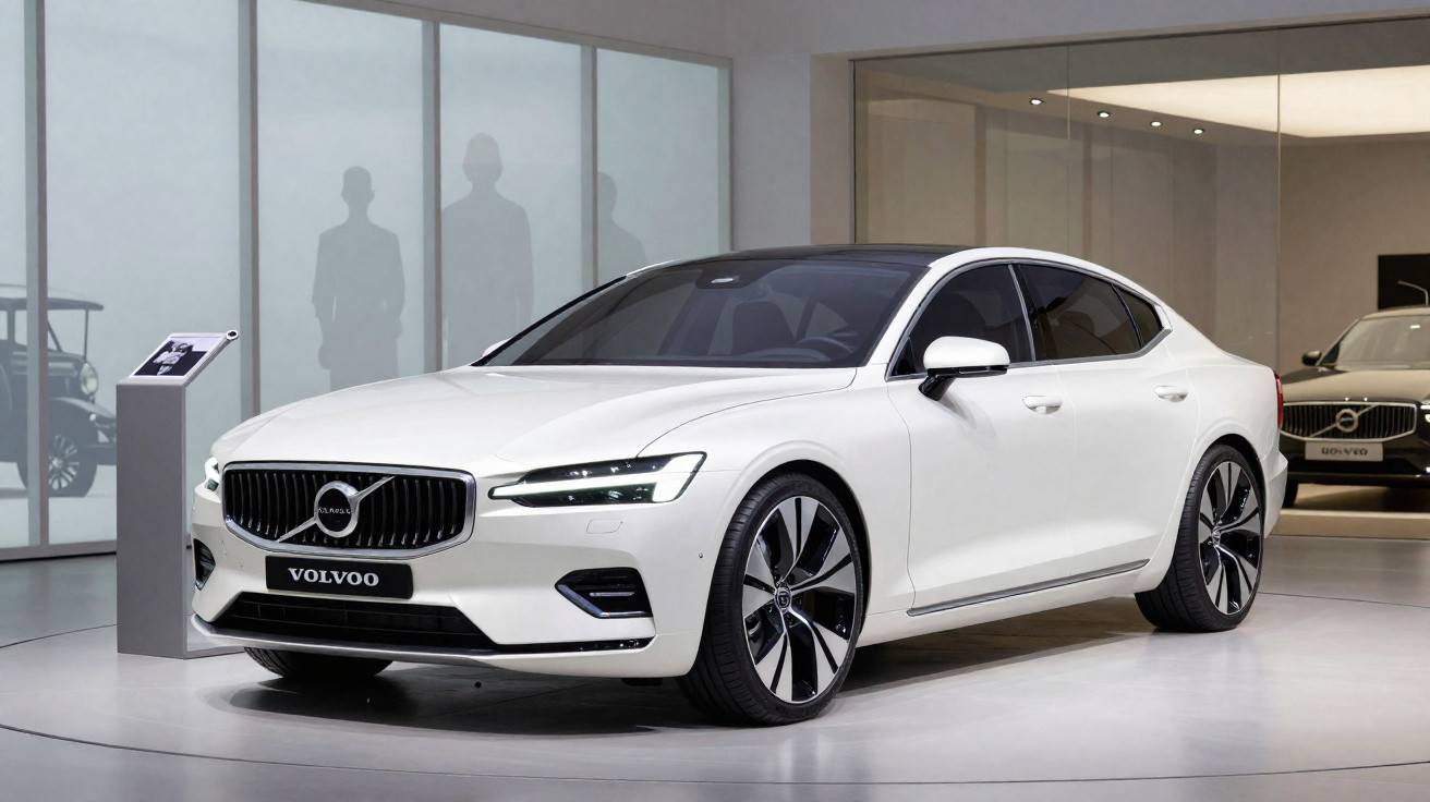 Carro sedan branco Volvo exposado em showroom moderno, com rodas grandes e faróis LED acesos.