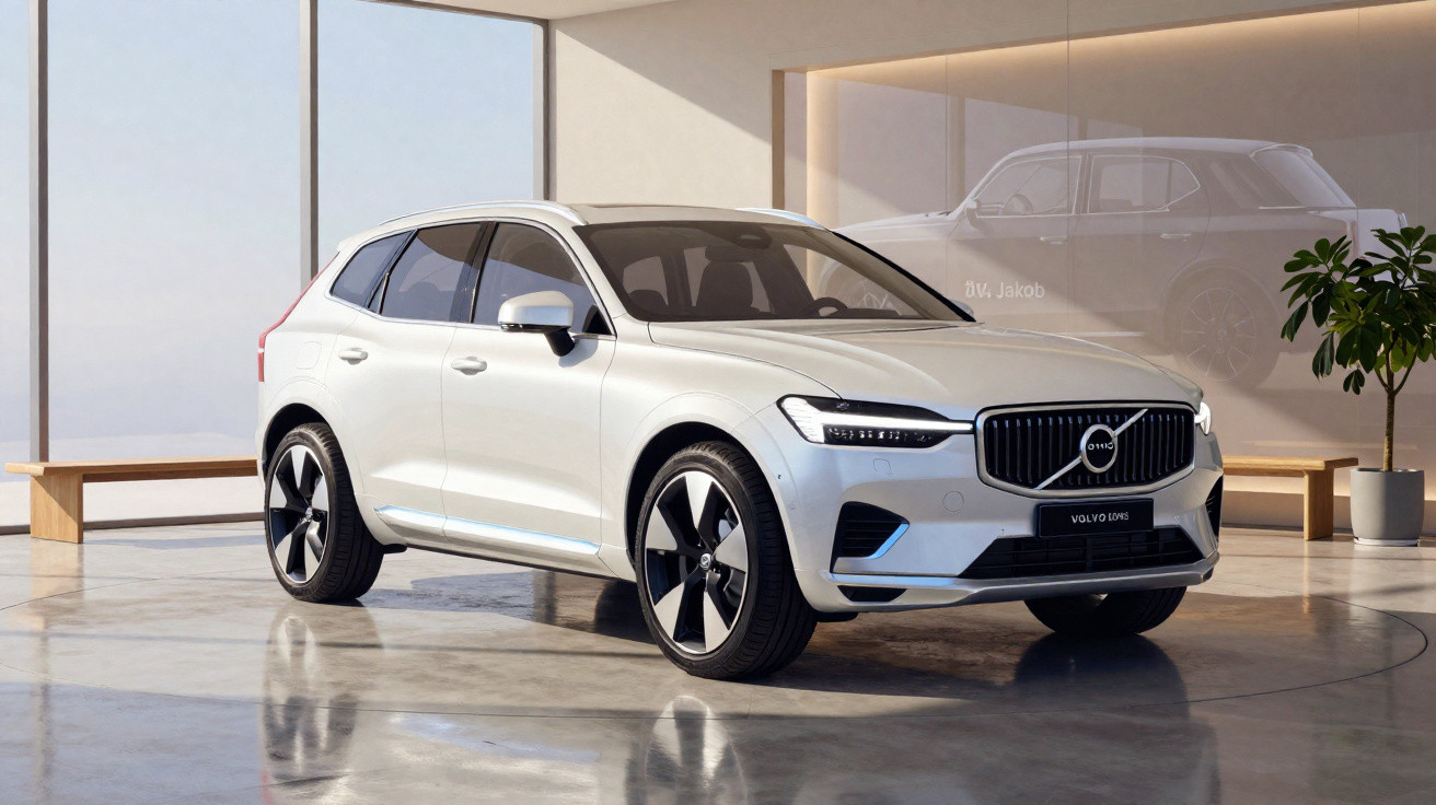 SUV Volvo XC60 branco em showroom com piso refletivo e iluminação natural.