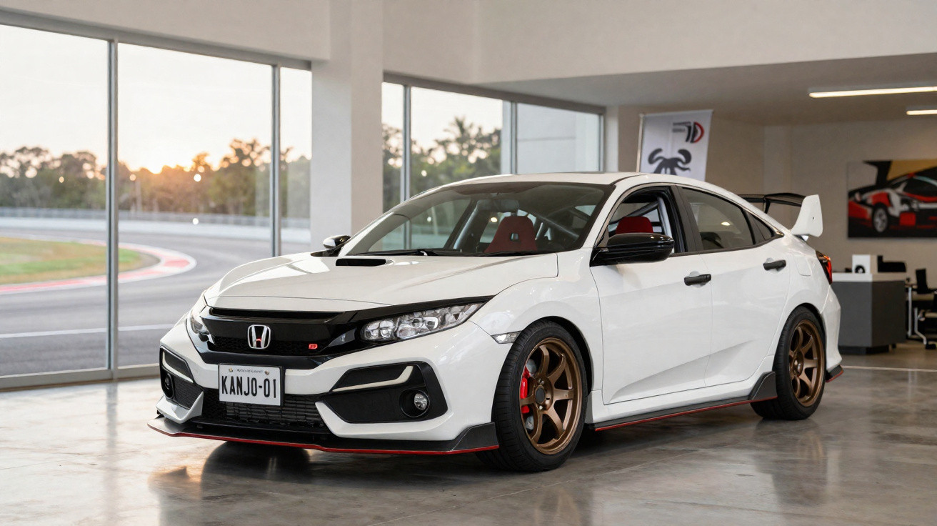 Carro esportivo branco Honda Civic Type R estacionado em ambiente interno com janelas amplas.