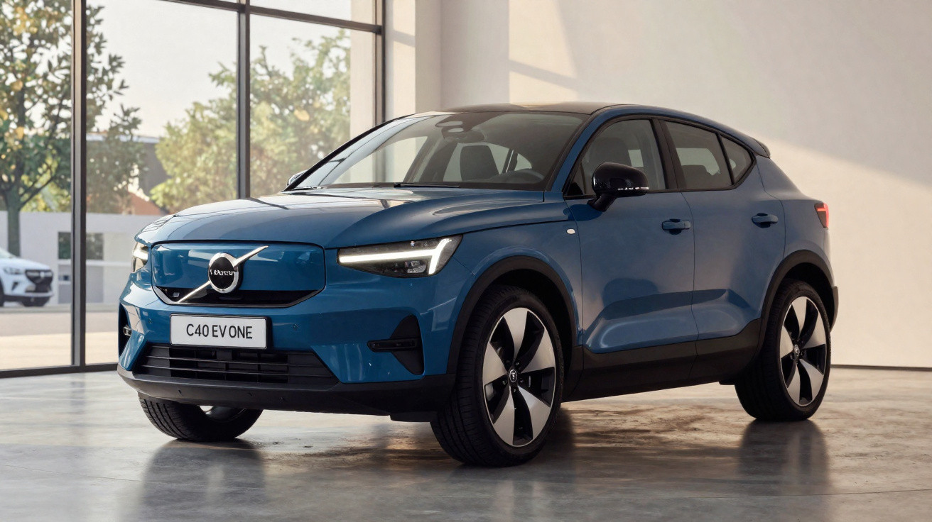 Carro elétrico Volvo C40 EV One azul estacionado em ambiente interno com luz natural.
