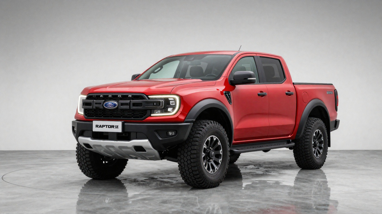 Picape Ford Ranger Raptor vermelha em estúdio com piso cinza e parede branca.