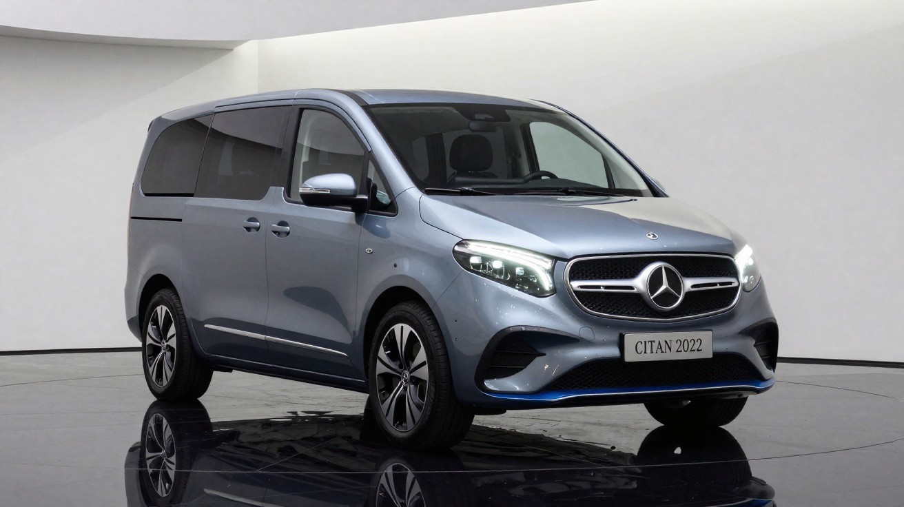 Van Mercedes-Benz Citan 2022 cinza em estúdio com faróis acesos, vista frontal lateral direita.