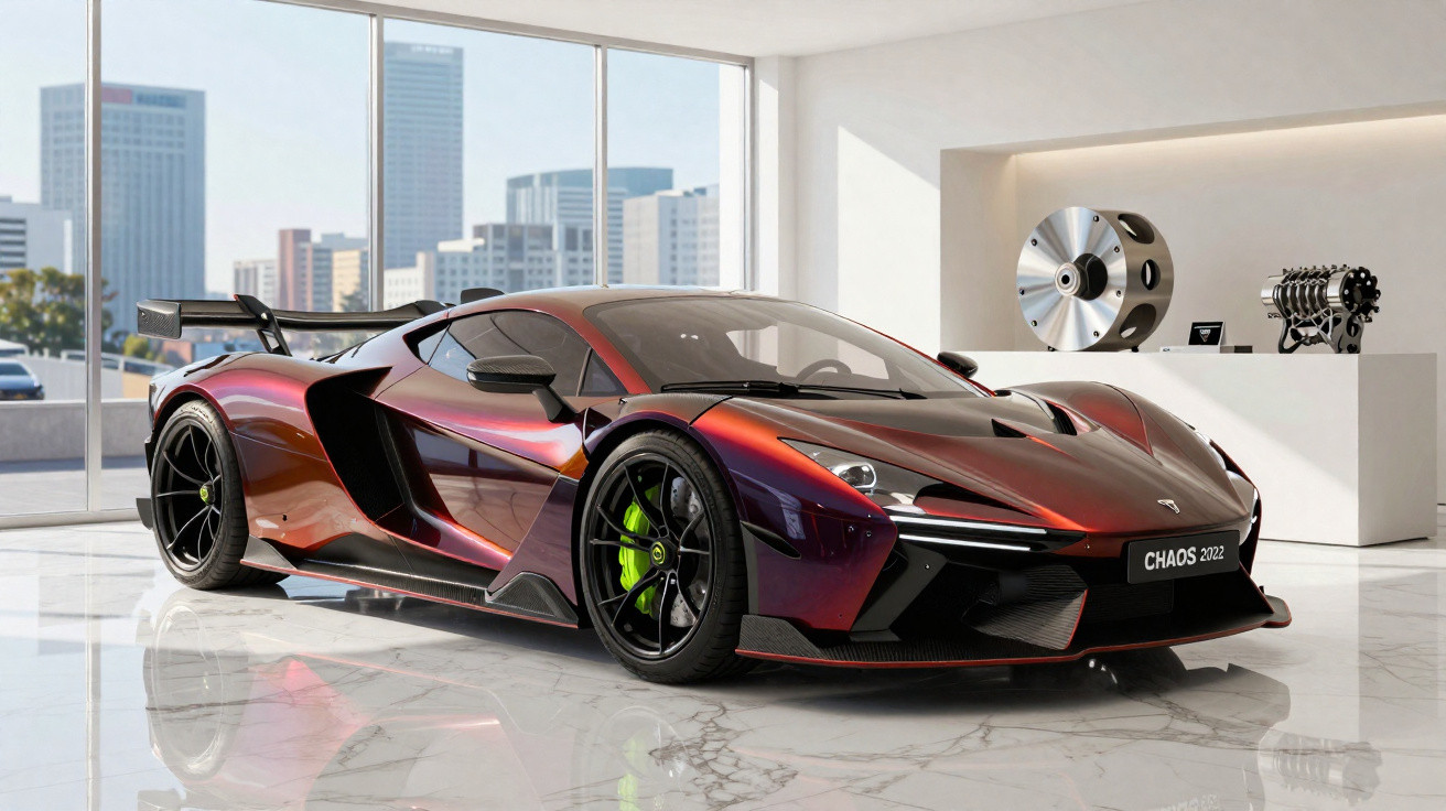 Carro esportivo vermelho metálico com detalhes pretos em showroom moderno com vista urbana ao fundo.