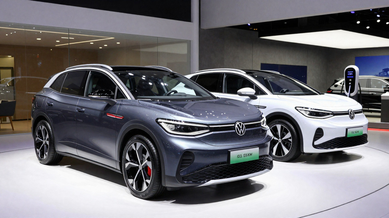 Dois carros elétricos Volkswagen em exposição, um cinza e um branco, em ambiente interno iluminado.