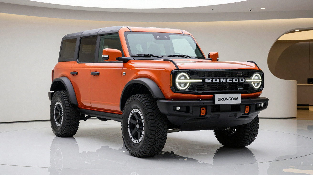 SUV off-road laranja com teto preto em ambiente interno moderno.