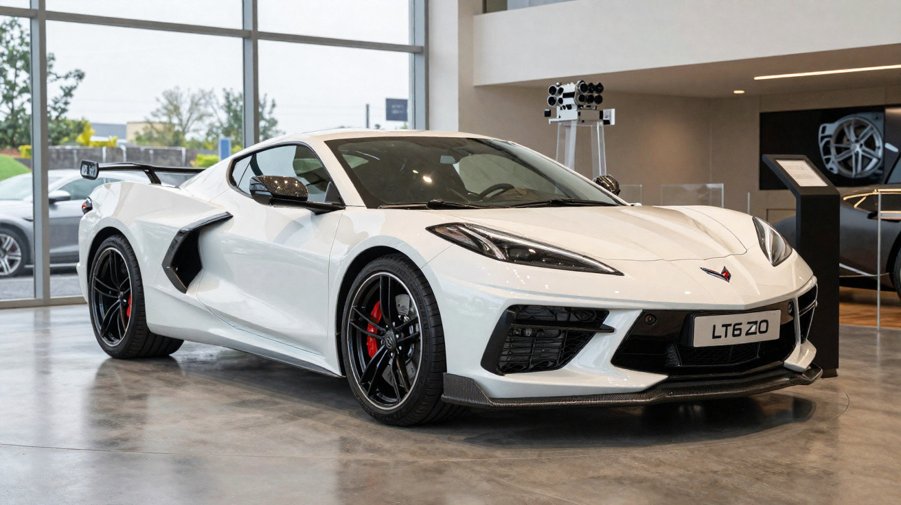 Carro esportivo branco Chevrolet Corvette LT6 ZO em exposição interna com rodas pretas e detalhes vermelhos.