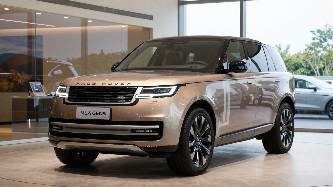 SUV Range Rover bege modelo MLA GEN5 exposto em showroom moderno com piso de cimento polido.
