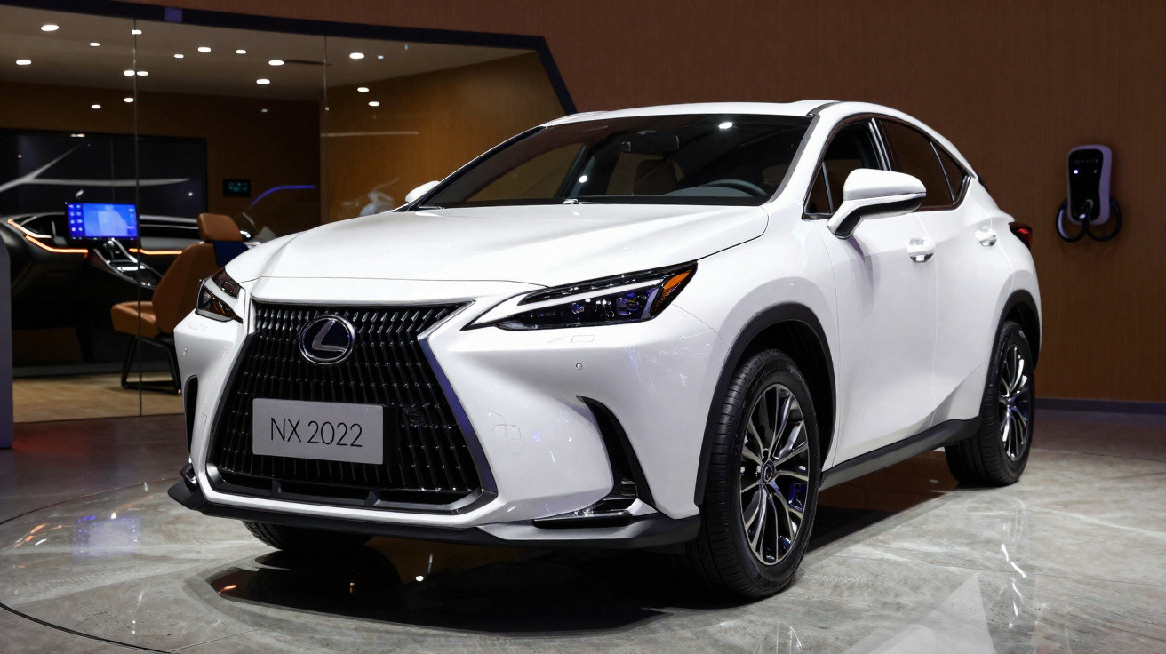 Carro branco Lexus NX 2022 exposto em ambiente interno com piso brilhante e carregador na parede.