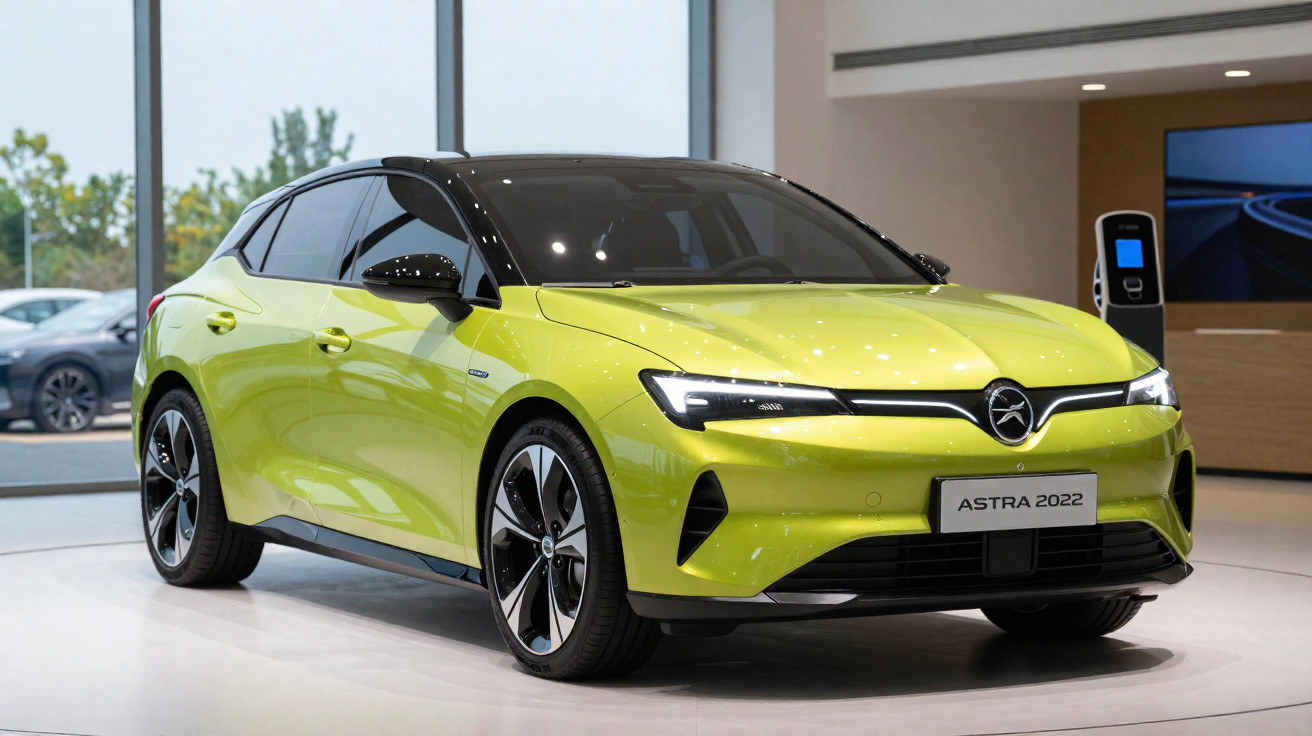 Carro hatchback elétrico verde limão Astra 2022 em exibição em showroom moderno.