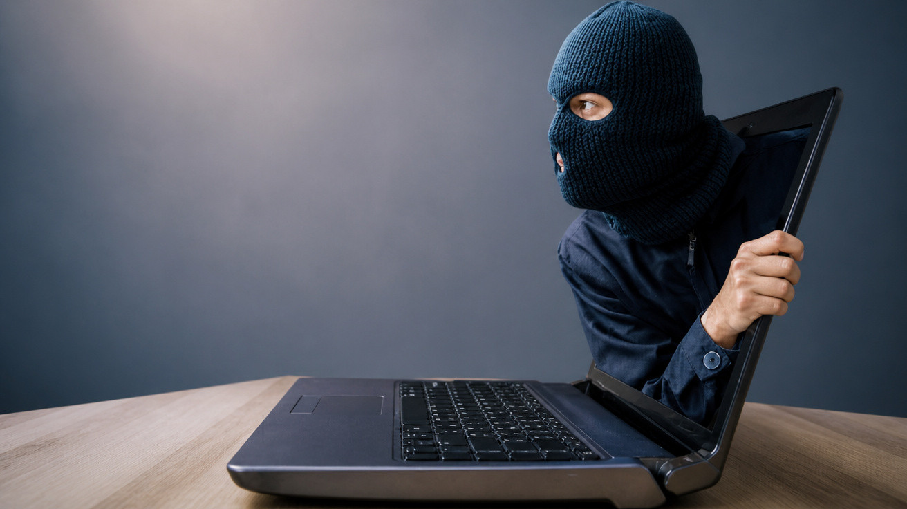 Pessoa com touca balaclava saindo de tela de notebook simbolizando hacker ou ataque cibernético.