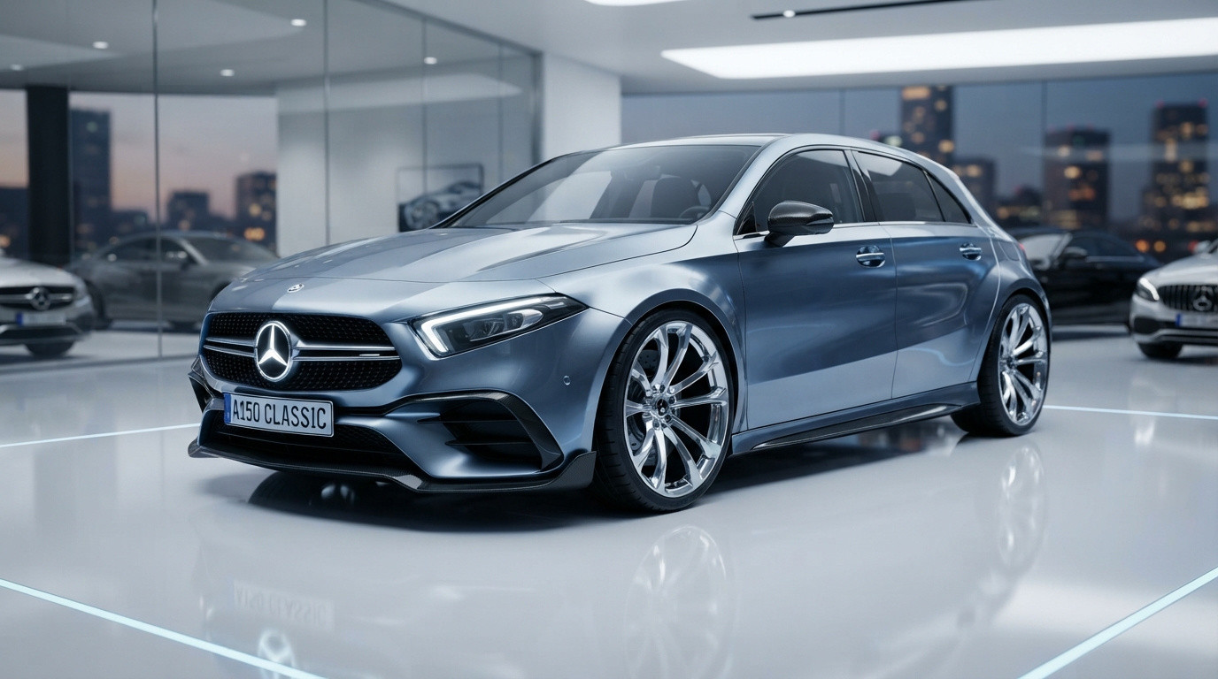 Carro Mercedes-Benz prata modelo A150 Classic em exposição em showroom moderno e iluminado.