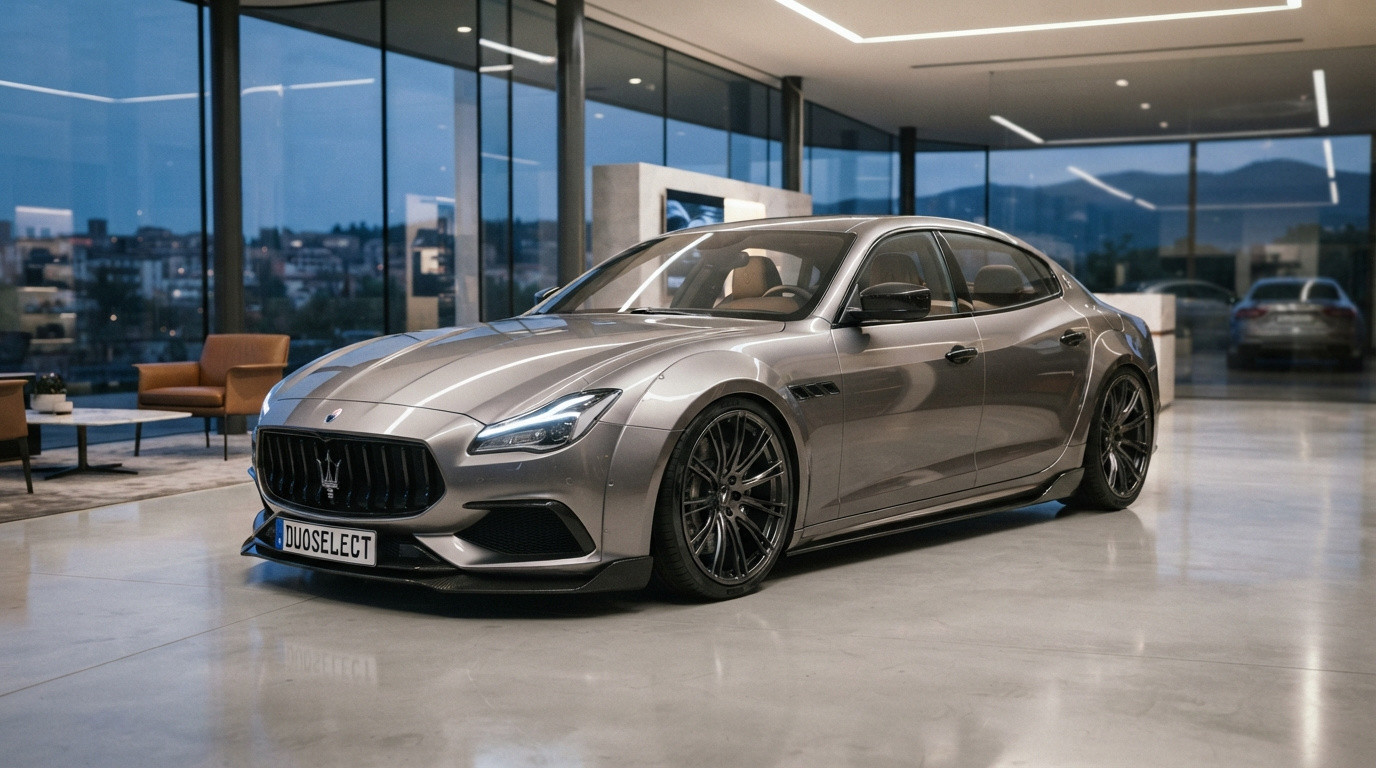 Carro esportivo cinza Maserati estacionado em showroom moderno com paredes de vidro e poltronas ao fundo.