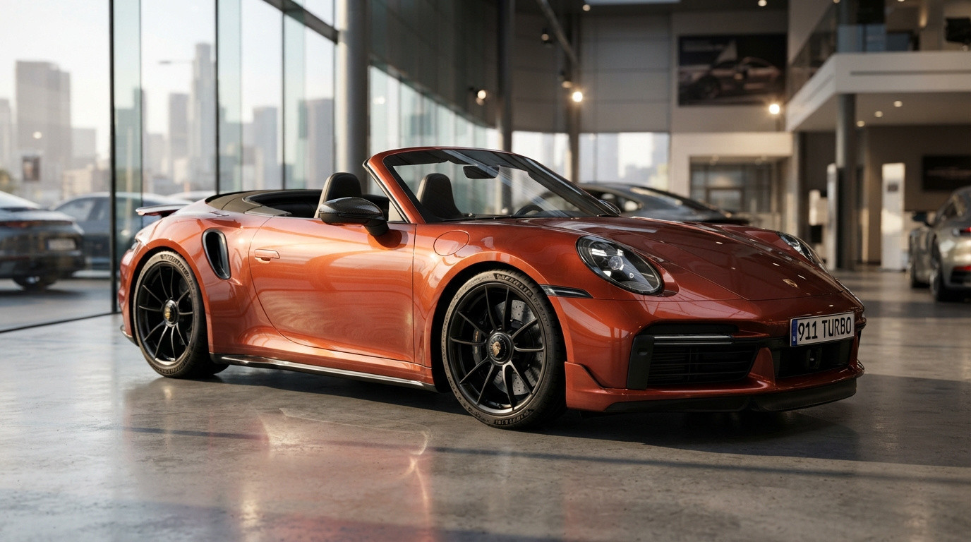 Carro esportivo conversível Porsche 911 Turbo em tom metálico laranja dentro de showroom moderno.