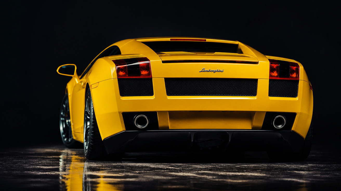 Carro esportivo amarelo Lamborghini visto de trás em fundo escuro com piso refletindo luz.