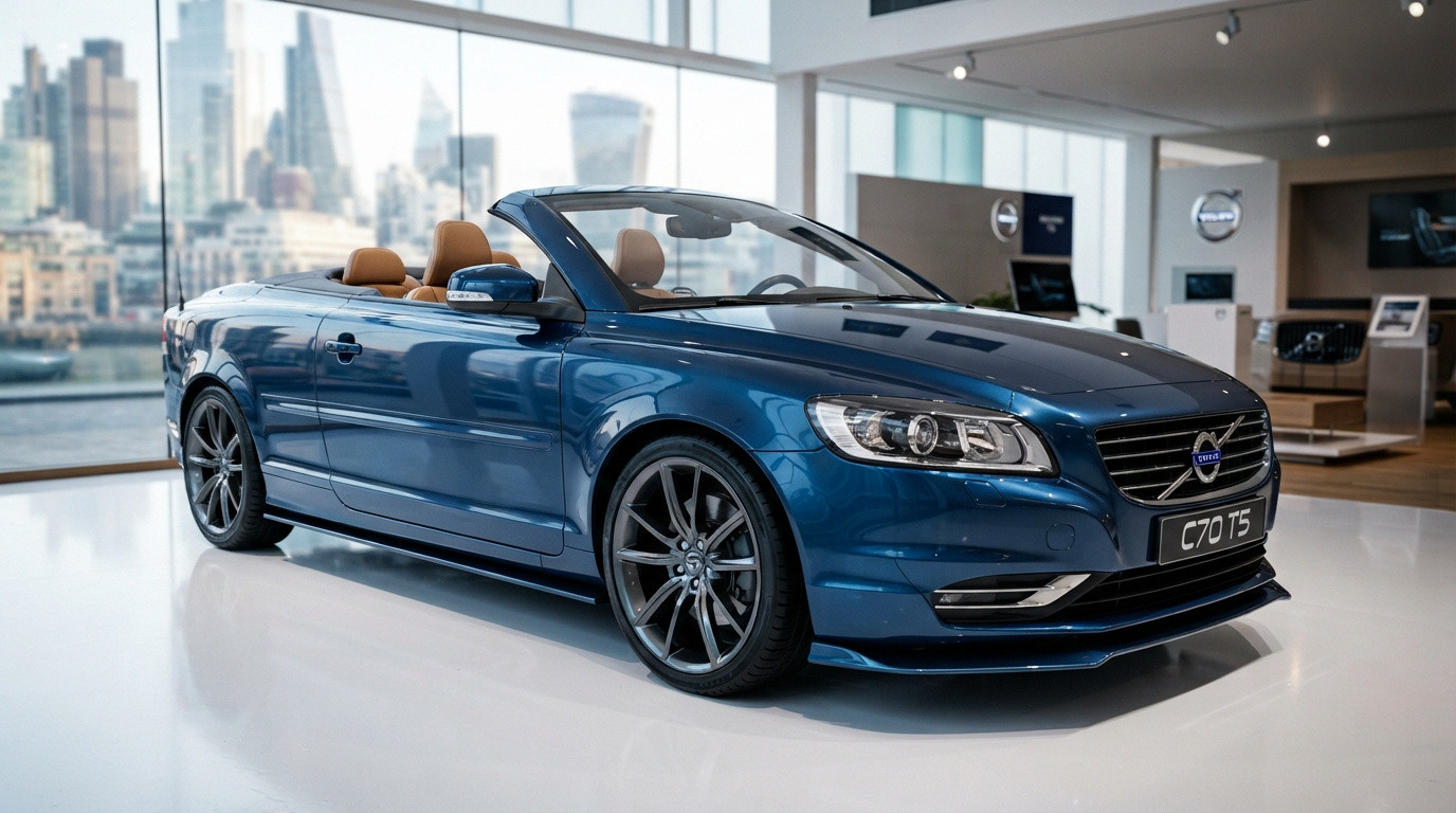 Carro conversível Volvo C70 T5 azul expositor em showroom moderno com vista de cidade ao fundo.