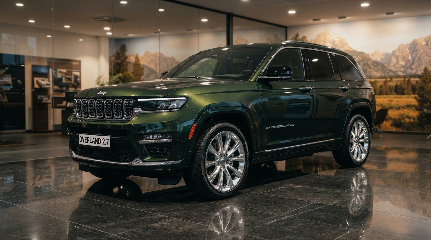 Jeep Overland 2.7 verde em ambiente interno com piso e paredes espelhados e quadro de montanhas ao fundo.