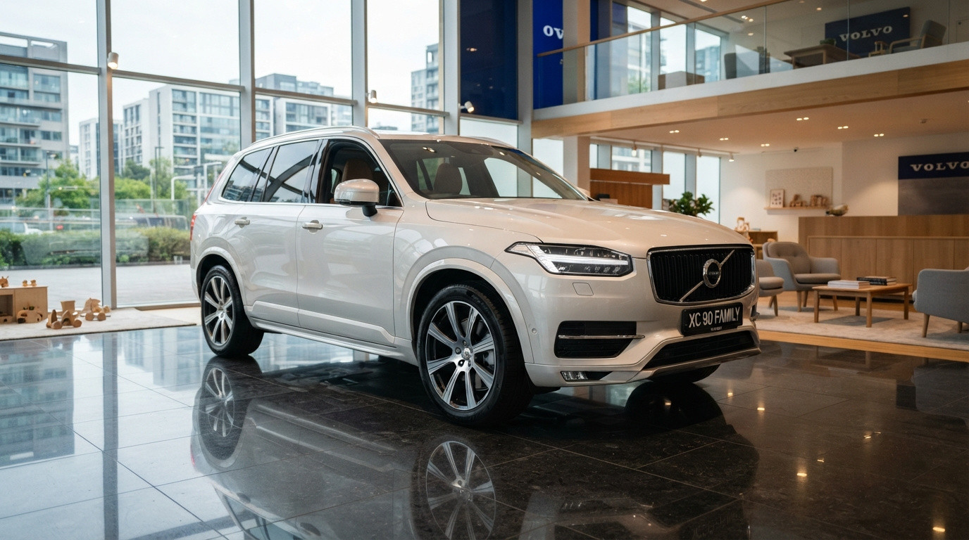 SUV Volvo XC90 branco exposto em showroom moderno com piso refletivo e móveis ao fundo.