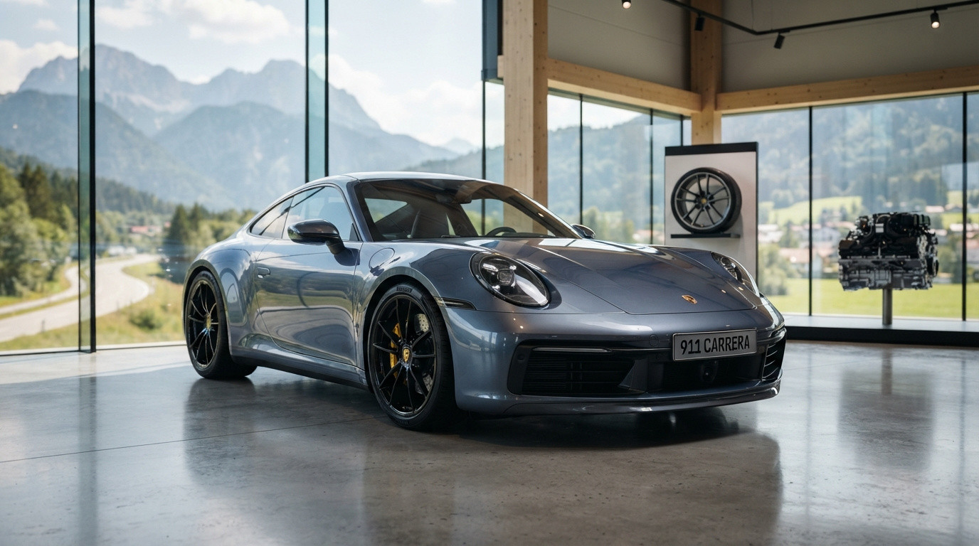Carro esportivo cinza Porsche 911 Carrera em showroom com grandes janelas e vista para montanhas.
