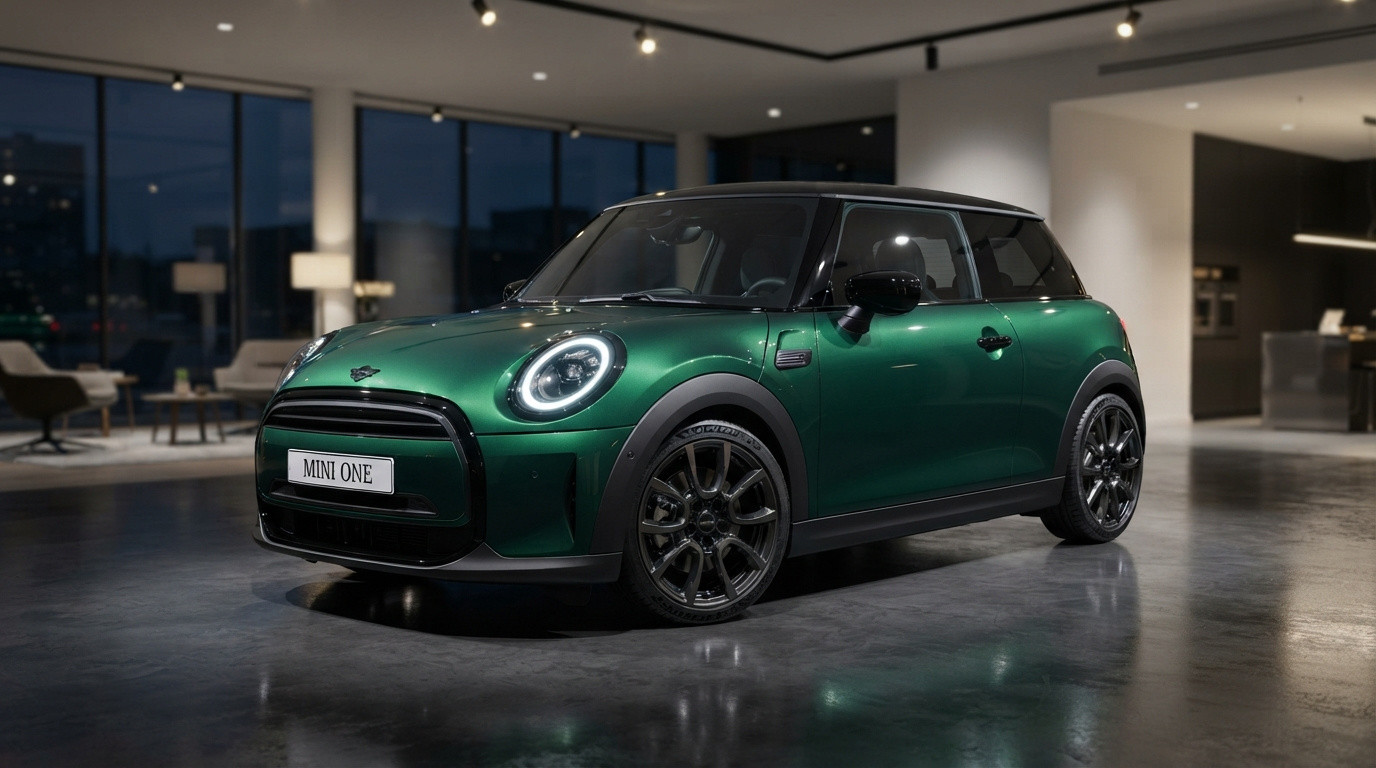 Carro Mini One verde com teto preto em showroom moderno iluminado à noite.
