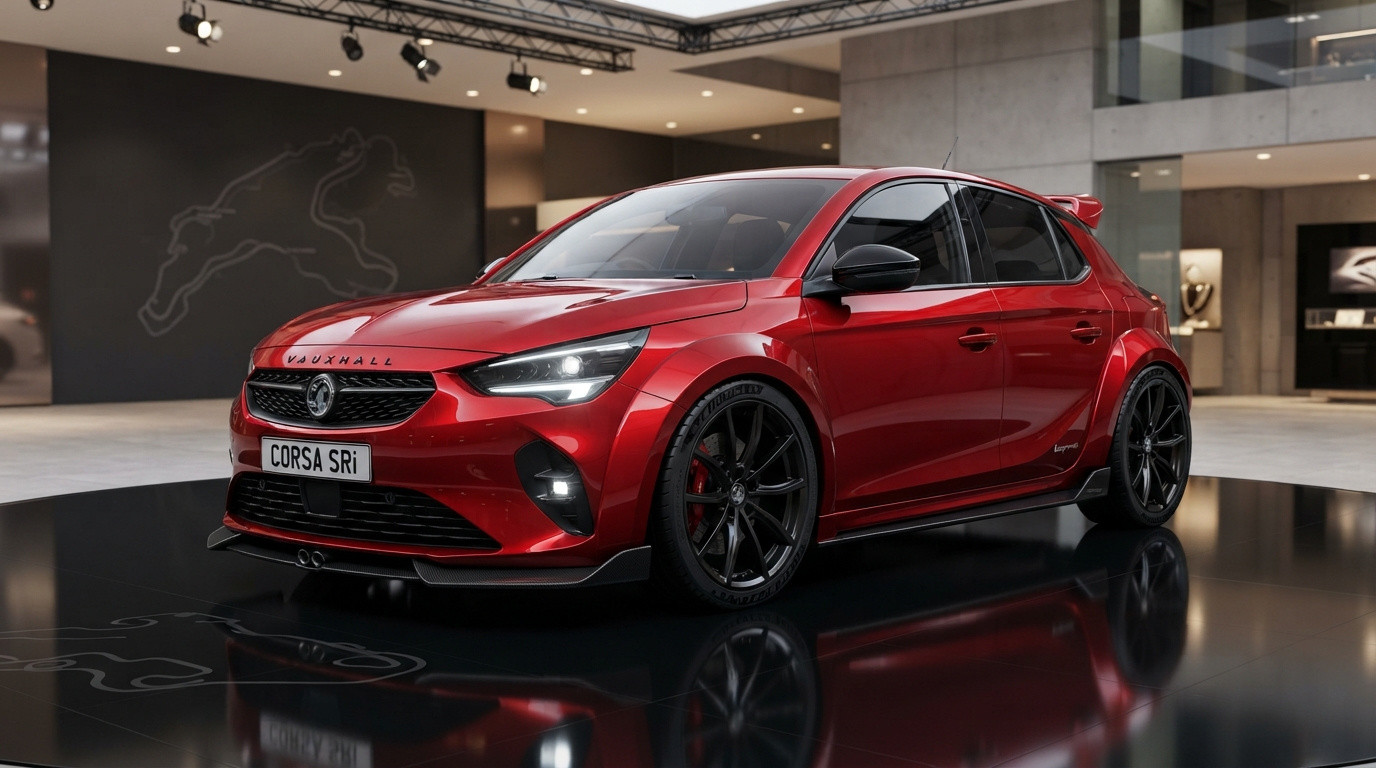 Carro esportivo vermelho Vauxhall Corsa SRi estacionado em ambiente interno com piso preto brilhante.