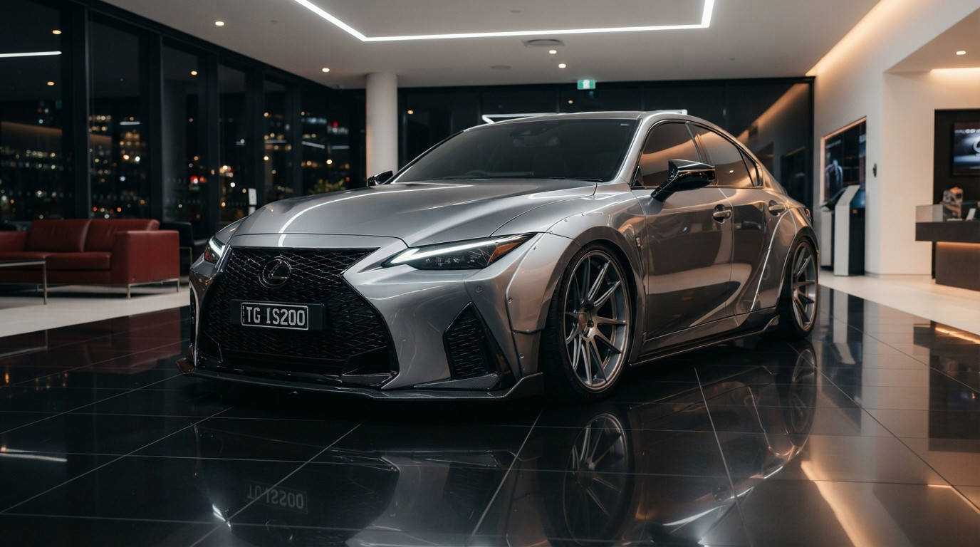 Carro esportivo Lexus IS200 cinza metalizado em showroom com piso espelhado e iluminação moderna.