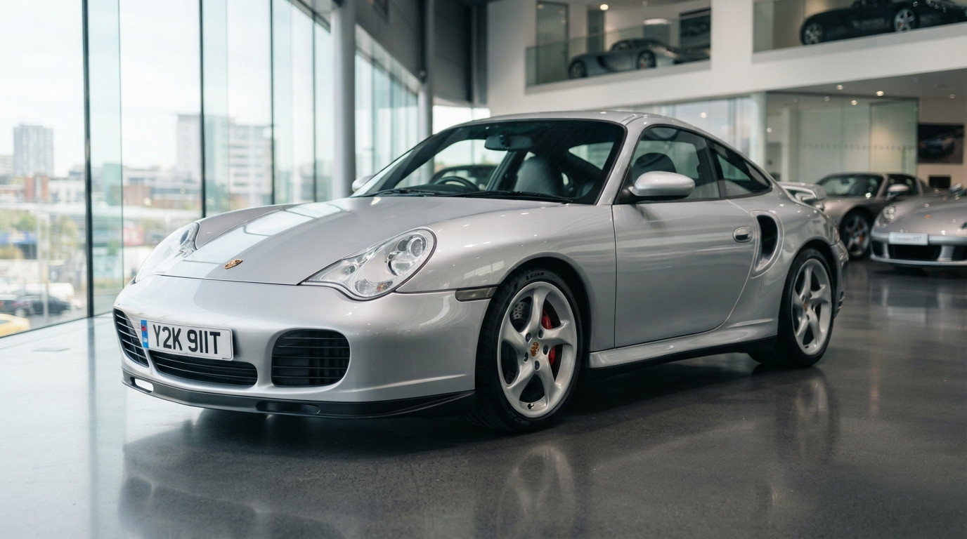 Carro esportivo prata Porsche estacionado em showroom com piso brilhante e janelas de vidro ao fundo.