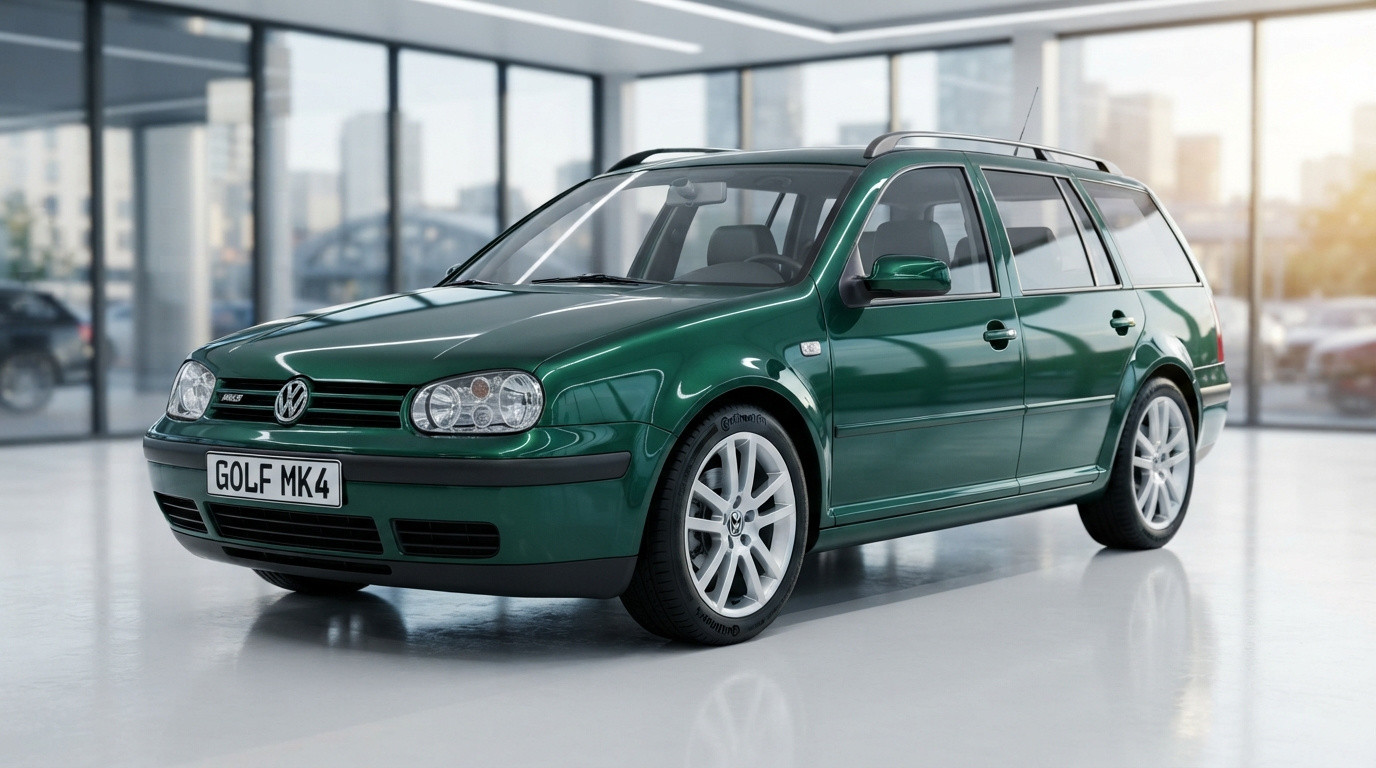 Carro Volkswagen Golf MK4 verde escuro estacionado em ambiente interno com piso branco e janelas amplas.