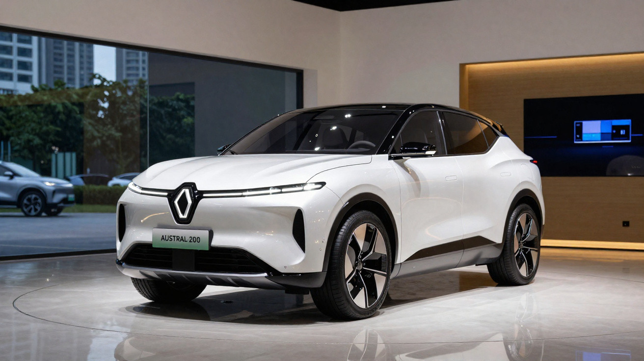 Carro elétrico branco Renault Austral 2024 em exposição interna com design moderno e rodas grandes.