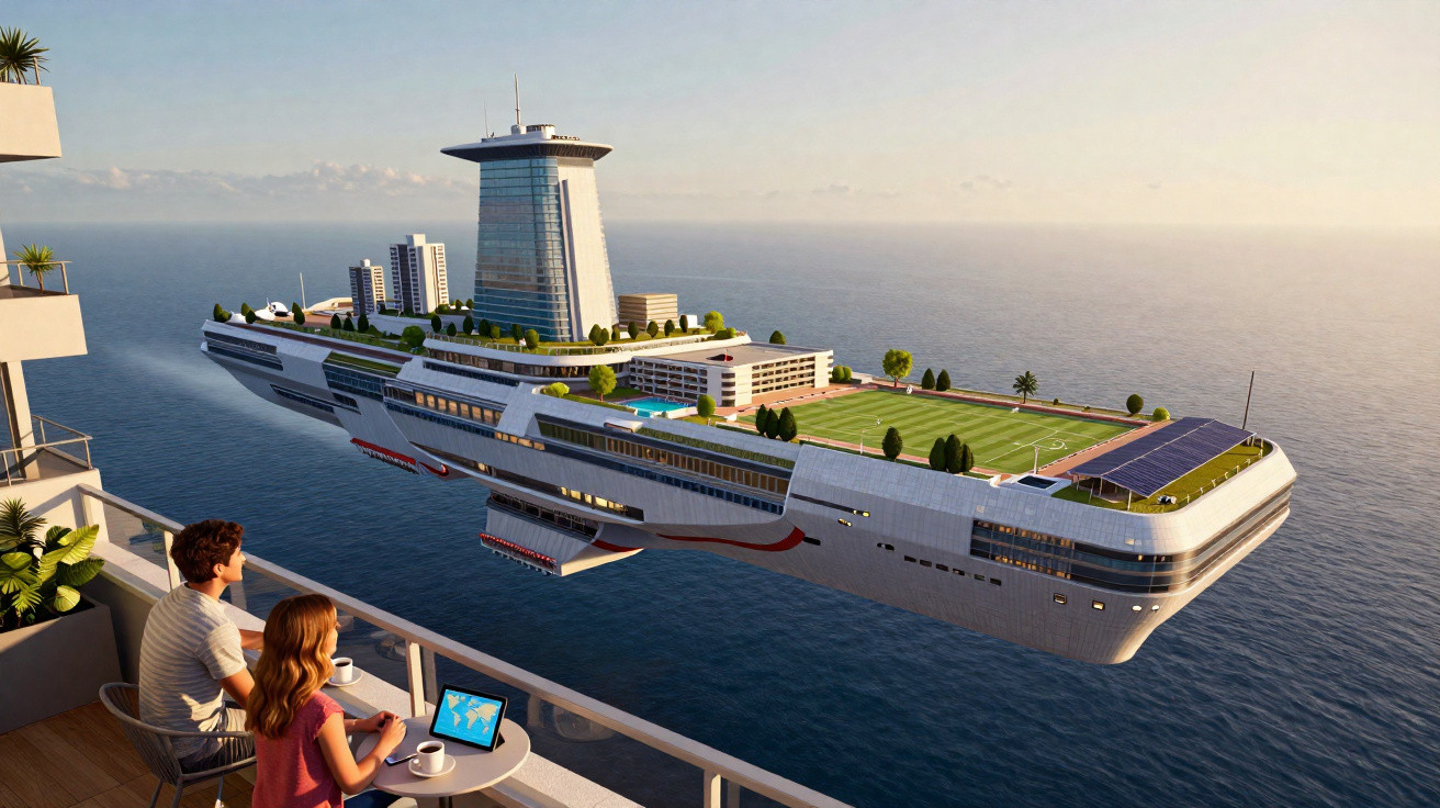 Casal observa de varanda navio futurista com campo de futebol e áreas verdes navegando no mar ao pôr do sol.