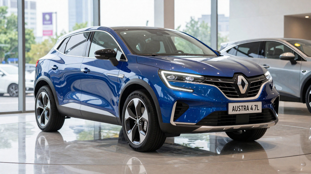 Carro SUV azul Renault Austra 4 7L em exposição interna com reflexos no piso polido.