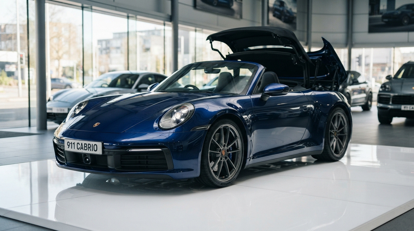 Carro esportivo Porsche 911 Cabrio azul com capota aberta em exposição dentro de showroom moderno.