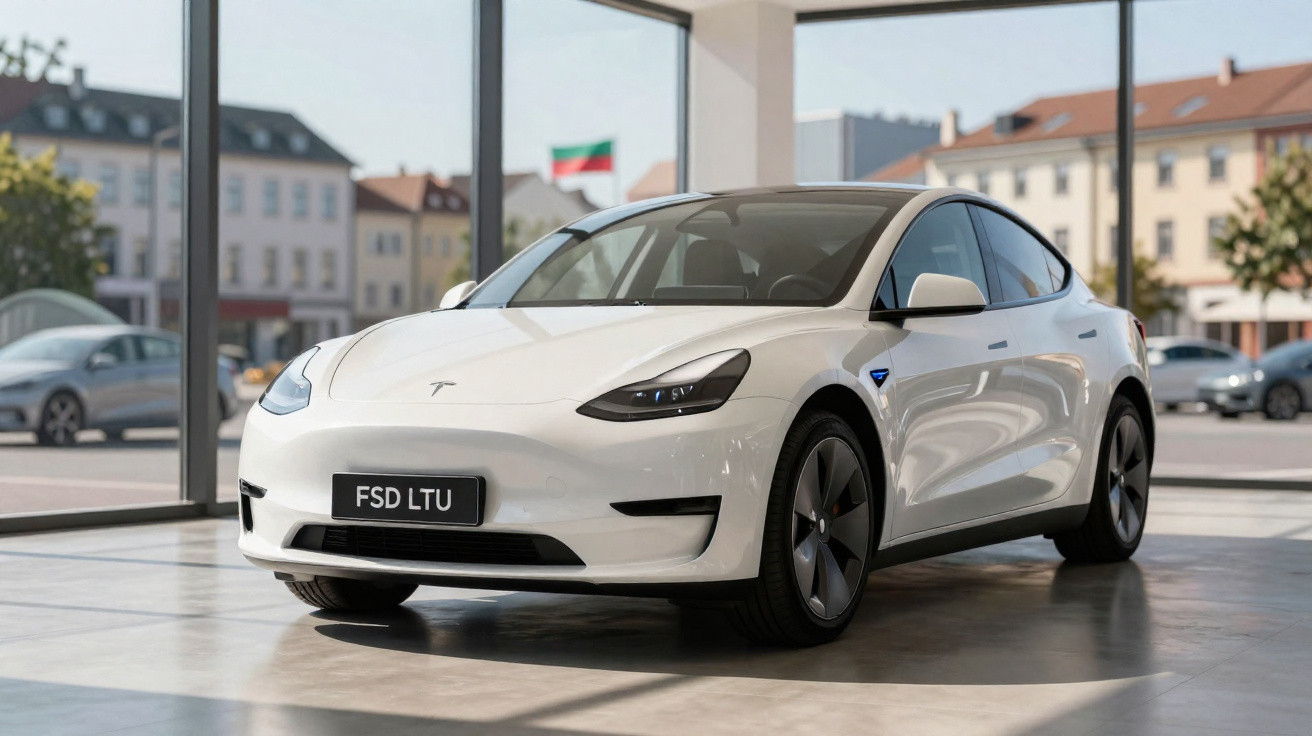 Carro elétrico branco Tesla Model 3 estacionado em showroom com vidro e prédios ao fundo.