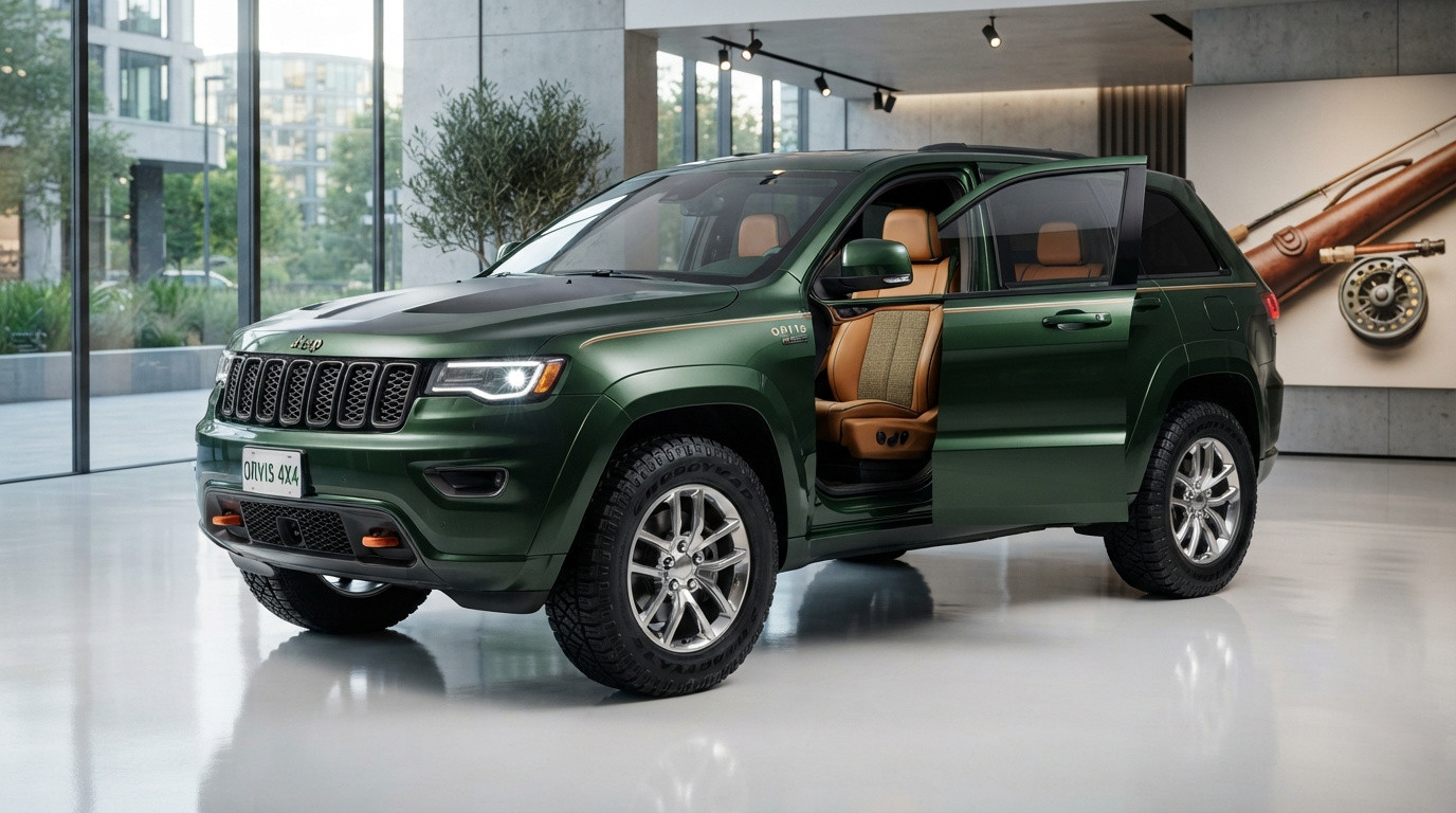 SUV Jeep Verde Militar com porta dianteira aberta, mostrando bancos de couro marrom em showroom moderno.