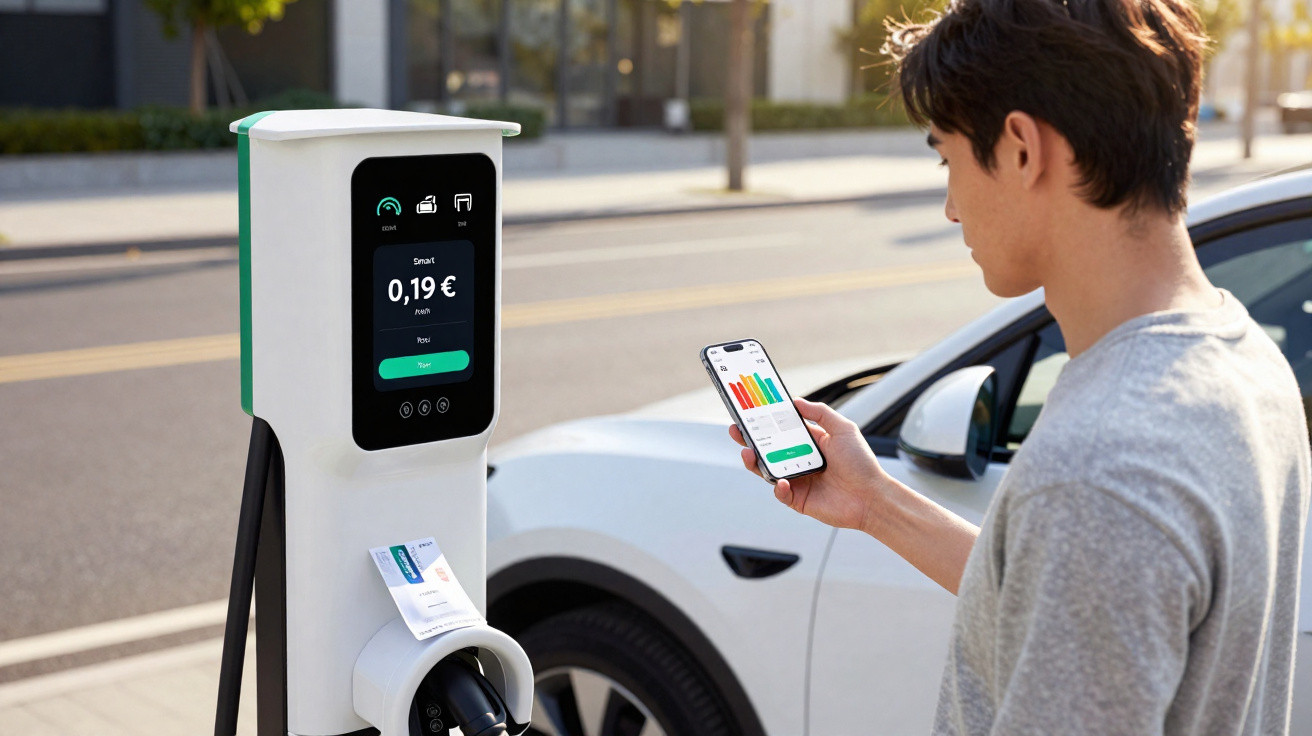 Homem usando smartphone para monitorar recarga de carro elétrico em estação pública na rua.