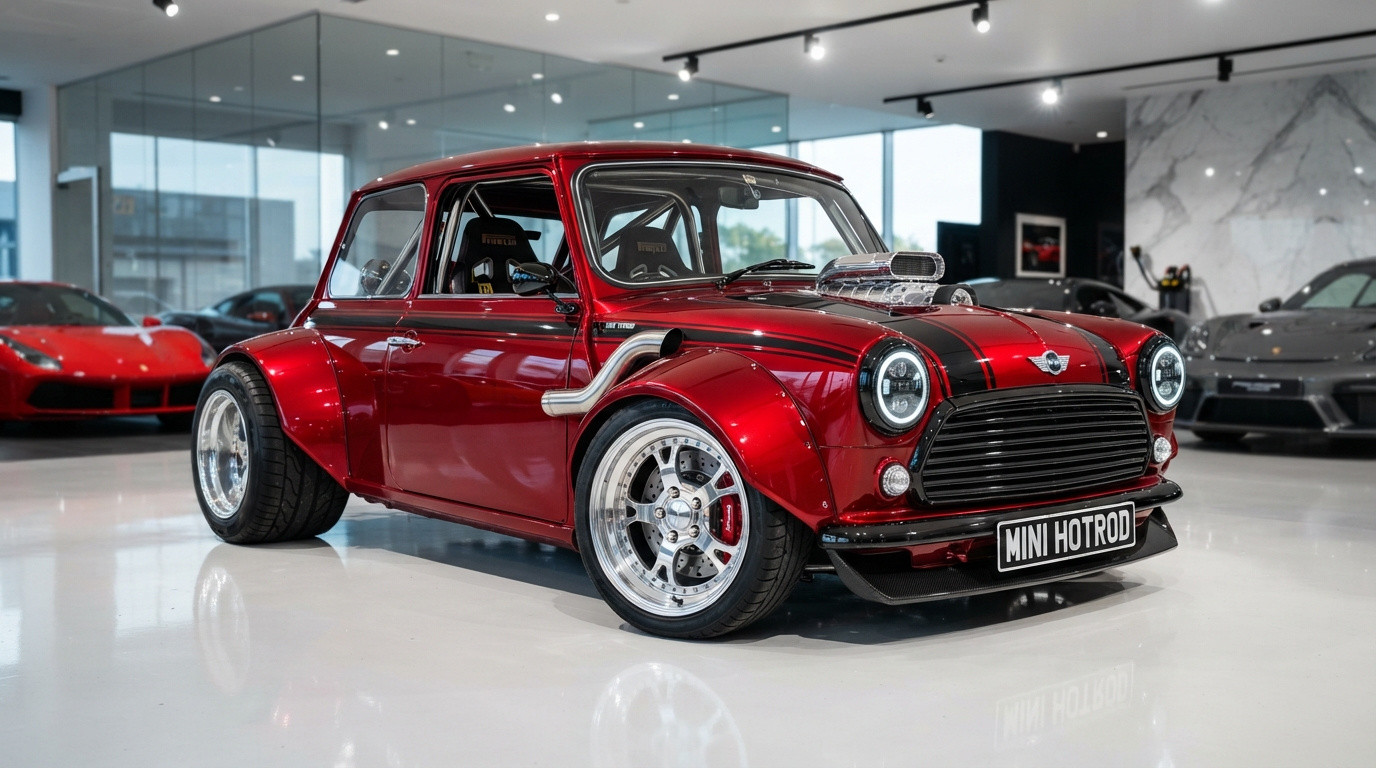 Carro Mini Hotrod vermelho com detalhes pretos em exibição em showroom moderno e brilhante.