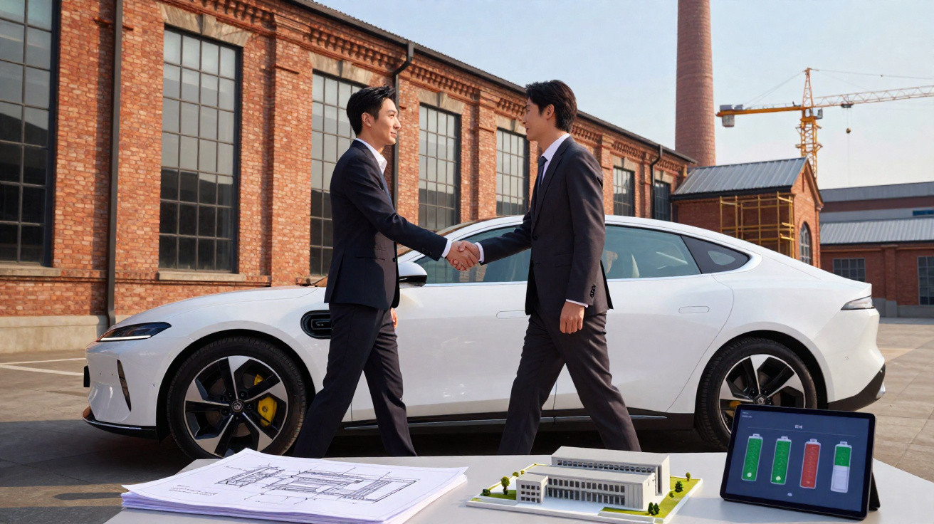 Dois homens de terno apertando as mãos ao lado de um carro branco com plantas e maquete em primeiro plano.