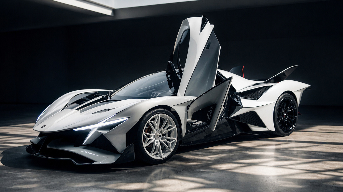 Carro esportivo futurista branco com portas abertas em estilo asa de gaivota em ambiente escuro e moderno.