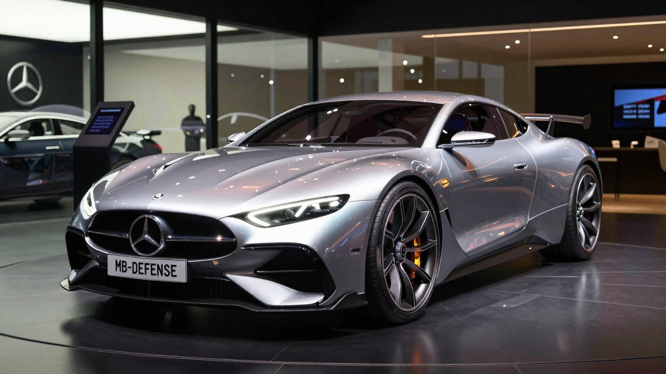 Carro esportivo Mercedes-Benz prata exibido em showroom com acabamento aerodinâmico e rodas grandes.
